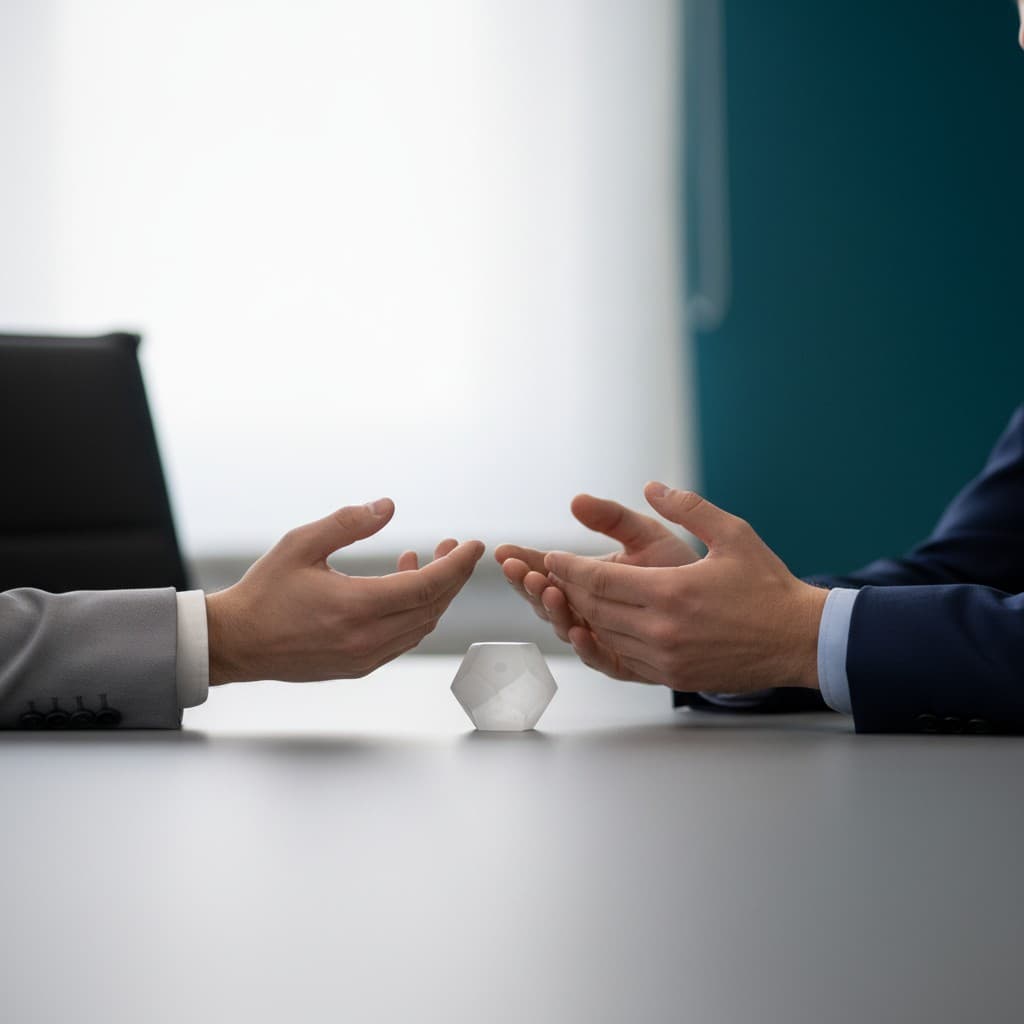 Due professionisti in abito elegante dialogano con le mani verso un piccolo solido geometrico trasparente sul tavolo, ambiente luminoso e sfocato sullo sfondo.