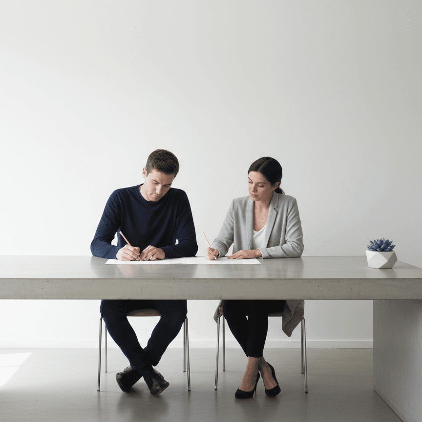 Due professionisti collaborano su documenti in un ambiente di lavoro luminoso e minimale.